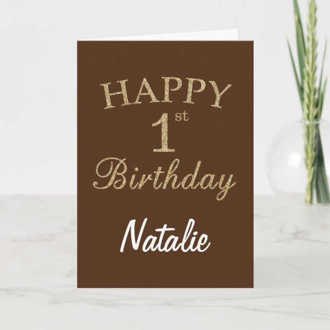 Carte d'anniversaire 1 an pailletée marron et or (Devant)