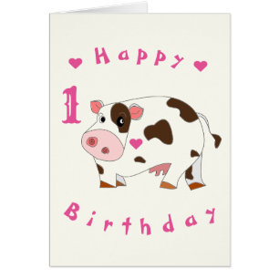 Carte d'anniversaire 1ère année avec vache mignonn