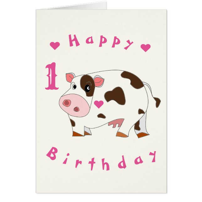 Carte d'anniversaire 1ère année avec vache mignonn (Devant)