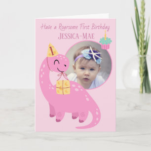 Carte d'anniversaire 1ère année Dinosaure Rose