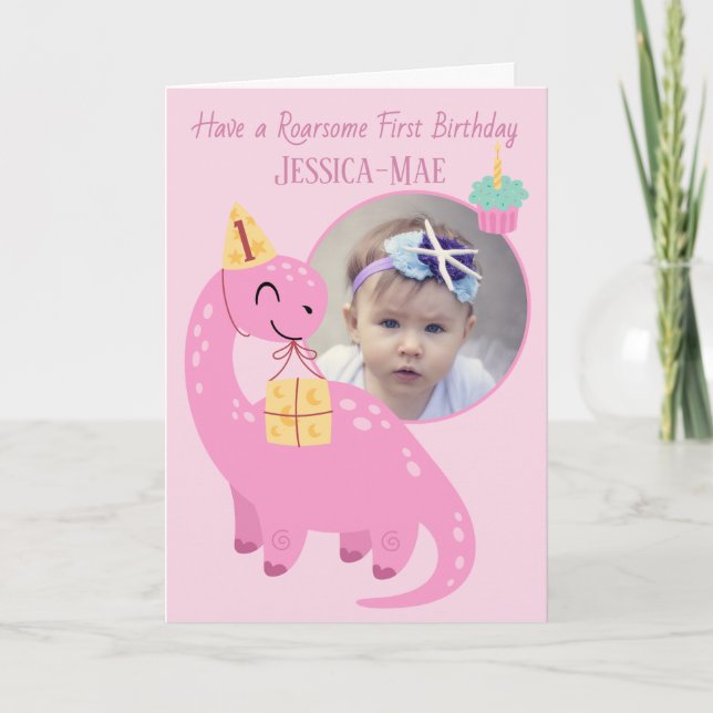 Carte d'anniversaire 1ère année Dinosaure Rose (Devant)