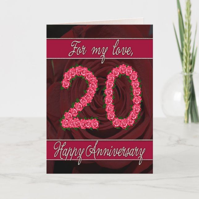 carte d'anniversaire 20 ans avec des roses et des  (Devant)