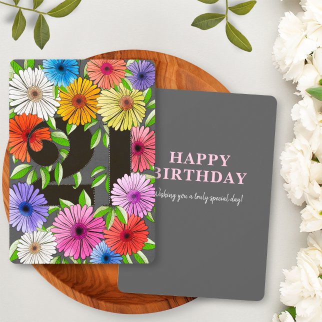 Carte d'anniversaire 21 ans Floral Gris Rétro (Créateur téléchargé)
