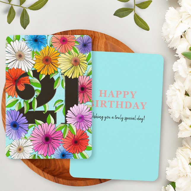 Carte d'anniversaire 21 ans joyeuse florale bleu a (Créateur téléchargé)