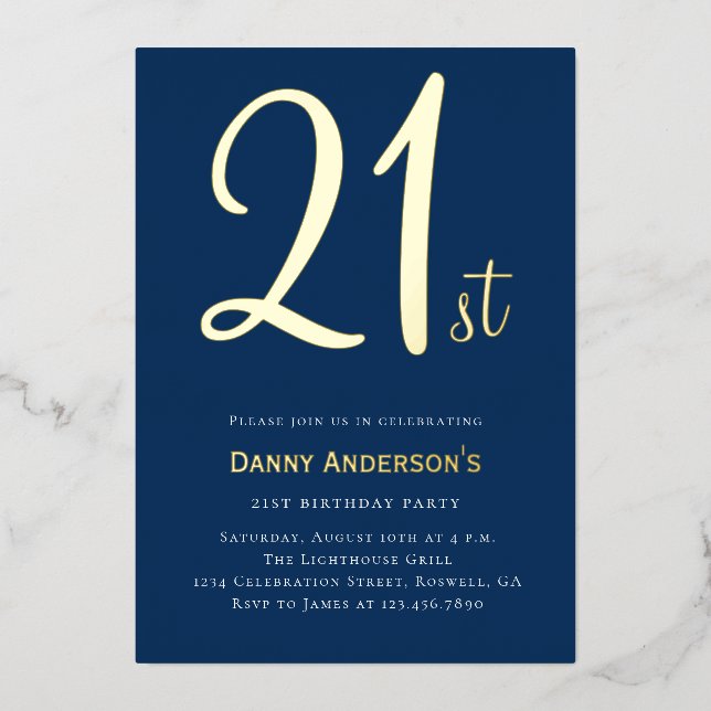 Carte d'anniversaire 21 ans moderne bleu or minima (Recto)