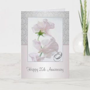 Carte d'anniversaire 25 ans. Fleurs, bagues, motif