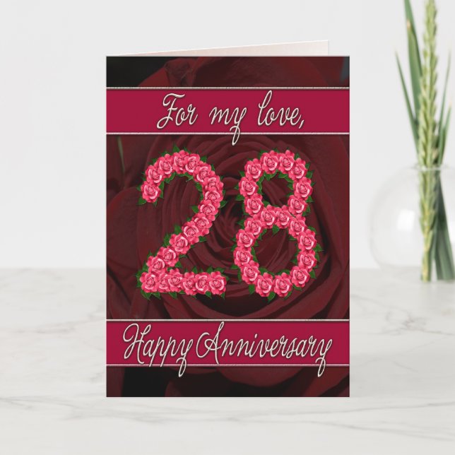 carte d'anniversaire 28 ans avec roses et feuilles (Devant)