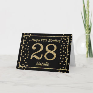 Carte d'anniversaire 28 ans noir et or paillettes 
