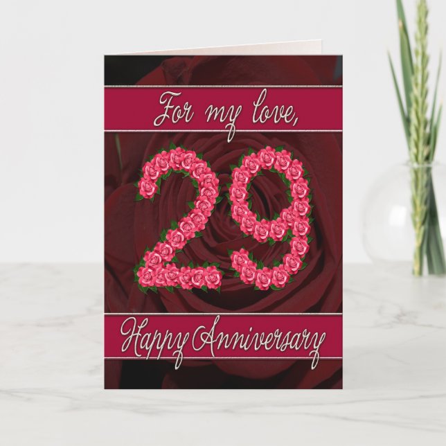 carte d'anniversaire 29 ans avec des roses et des  (Devant)