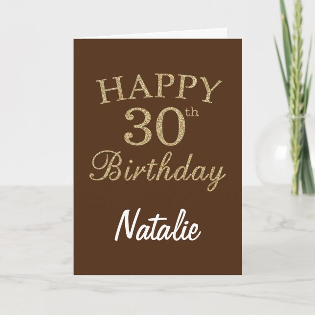 Carte d'anniversaire 30 ans pailletée marron et or (Devant)