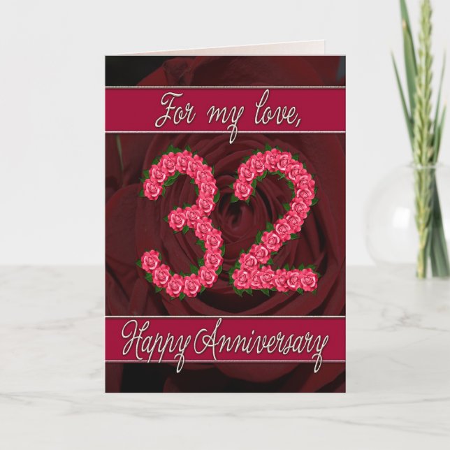 Carte d'anniversaire 32 ans avec roses et feuilles (Devant)