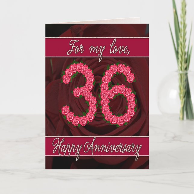 carte d'anniversaire 36 ans avec des roses et des  (Devant)
