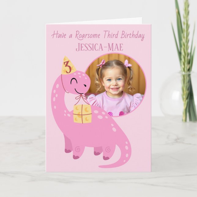 Carte d'anniversaire 3 ans Dinosaure Rose (Devant)