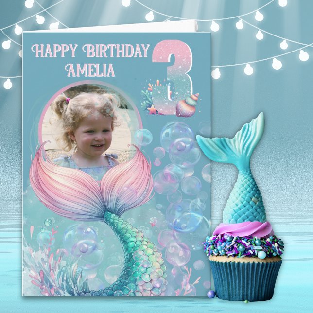 Carte d'anniversaire 3 ans Mermaid Tail avec une p (Créateur téléchargé)