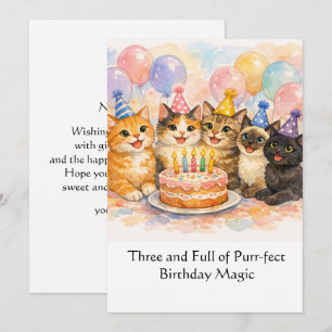 Carte d'anniversaire 3 ans pour filles Chat aquare