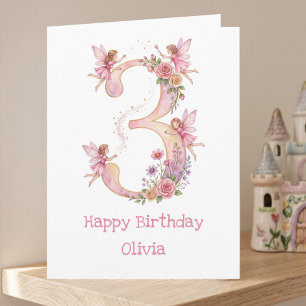 Carte d'anniversaire 3 ans pour filles Fée Rose Nu