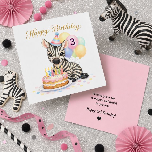 Carte d'anniversaire 3 ans pour filles - Joli zèbr (This adorable, fully customizable greeting card is the perfect way to celebrate a little girl)