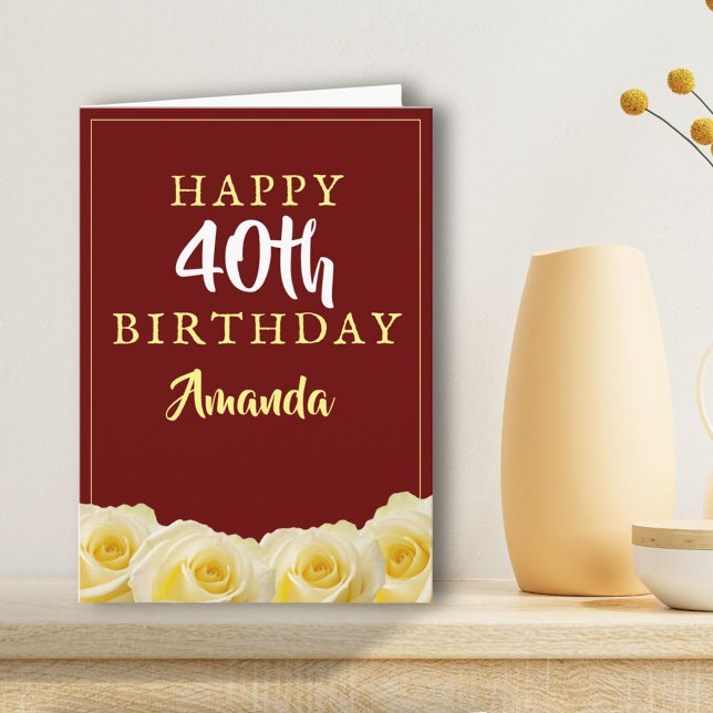 Carte d'anniversaire 40 ans Fleur de rose jaune Fl (Créateur téléchargé)