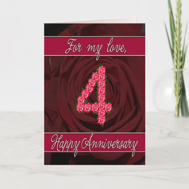 Carte d'anniversaire 4 ans avec roses et feuilles (Devant)