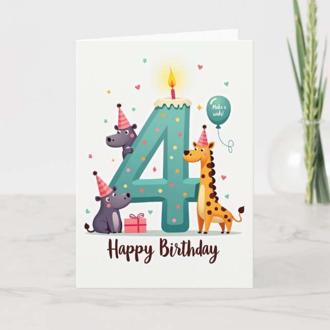 Carte d'anniversaire 4 ans Teal avec animaux (Devant)