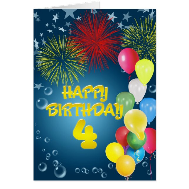 Carte d'anniversaire 4 avec feux d'artifice et bal (Devant)