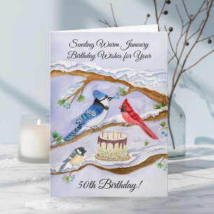 Carte d'anniversaire 50 ans oiseaux de jardin aqua
