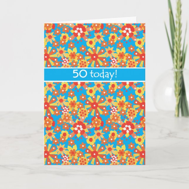 Carte d'anniversaire 50e, Ditsy Orange Flowers (Devant)