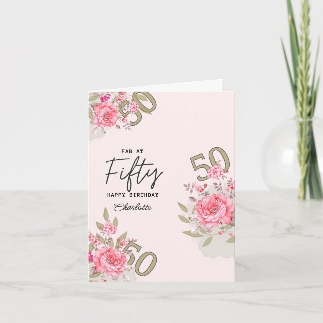 Carte d'anniversaire 50e, Nom personnalisé fleuri (Devant)