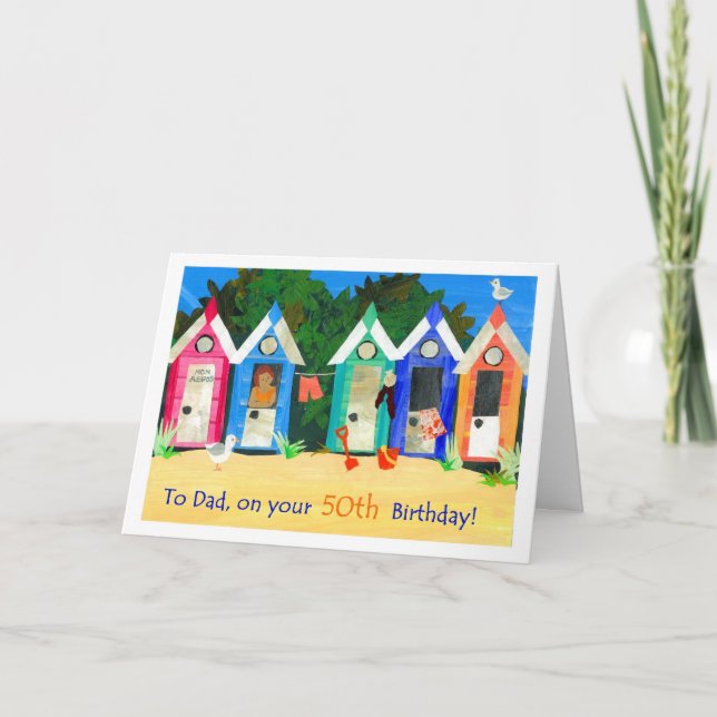 Carte d'anniversaire 50e pour un père - Beach Huts (Devant)