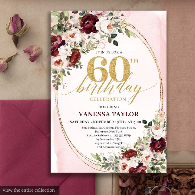 Carte d'anniversaire 60 ans aquarelle boho rose bu (Watercolor Boho Blush Burgundy 60th Birthday)
