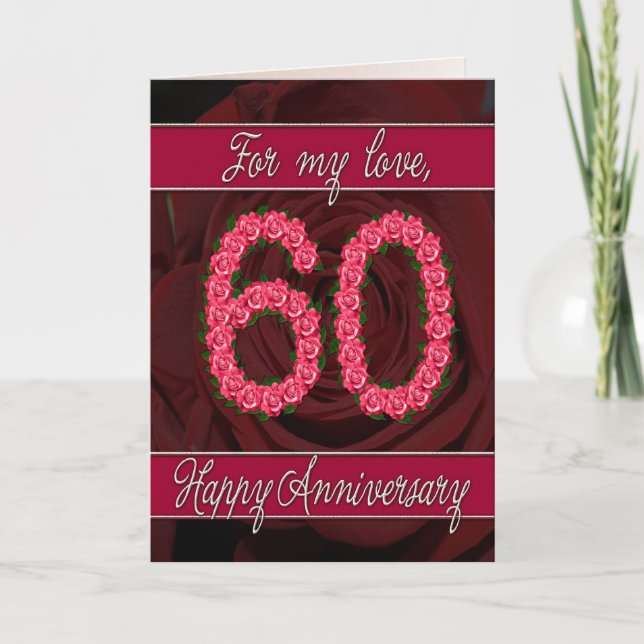 carte d'anniversaire 60 ans avec des roses et des  (Devant)