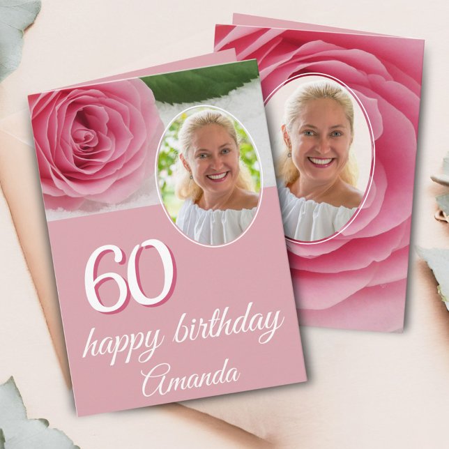 Carte d'anniversaire 60 ans avec photo de fleur ro (Créateur téléchargé)