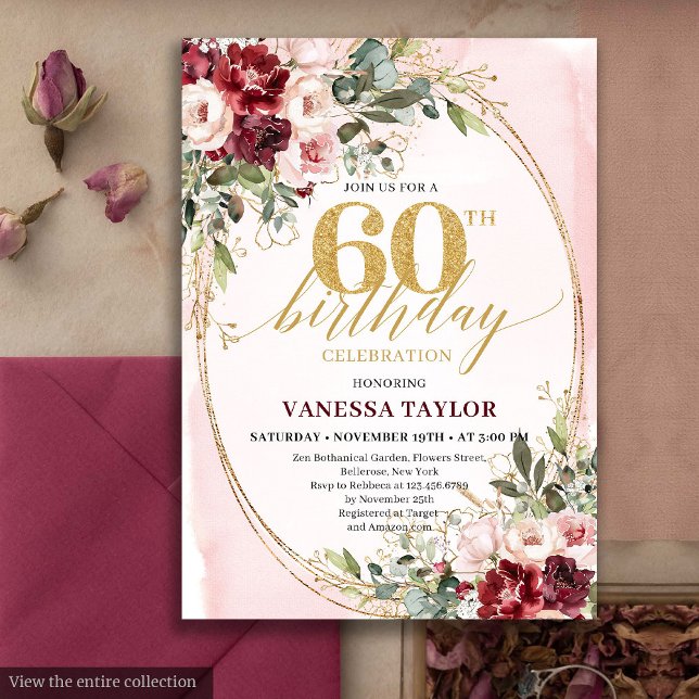Carte d'anniversaire 60 ans Boho Blush et Or Bourg (Boho Blush and Gold Burgundy 60th Birthday Card)