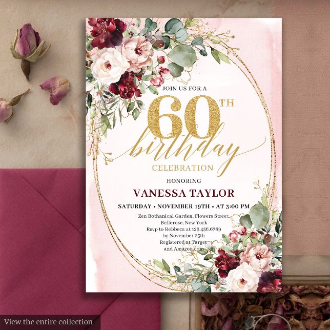 Carte d'anniversaire 60 ans Luxe Boho Marron Doré  (Luxury Boho Maroon Gold Floral 60th Birthday)