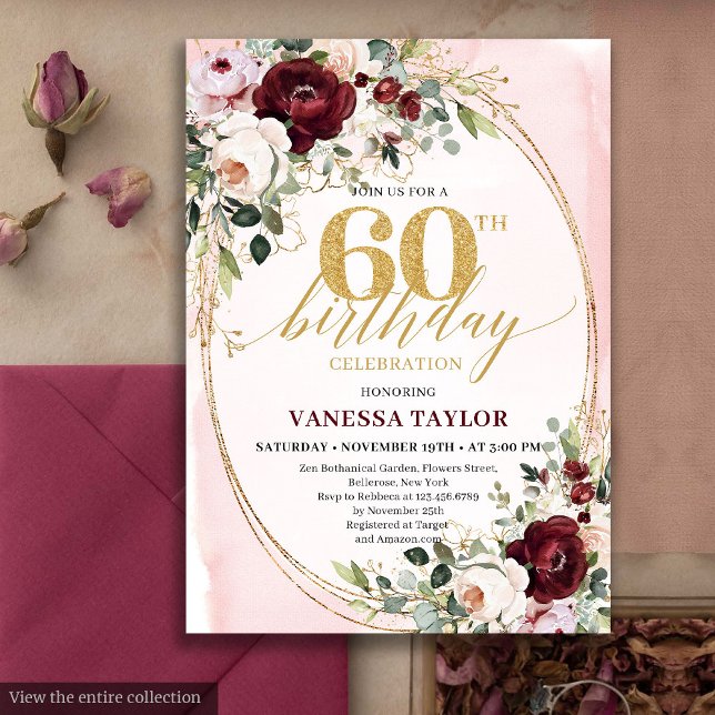 Carte d'anniversaire 60 ans ovale florale bordeaux (Boho Burgundy Gold Oval Floral 60th Birthday)