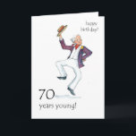 Carte d'anniversaire 70th - Man Dancing!<br><div class="desc">Carte d'anniversaire 70e avec un homme plus âgé dans un blazer rayé dansant et élevant son casquette de bateau! Image d'aquarelle de Judy Adamson. Des tasses et des signets correspondants sont également disponibles.</div>
