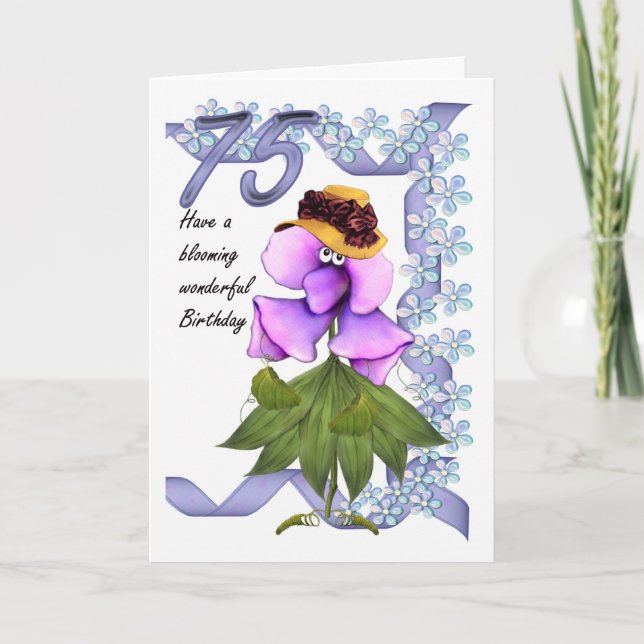 Carte d'anniversaire 75e avec lune jolies fleurs, (Devant)