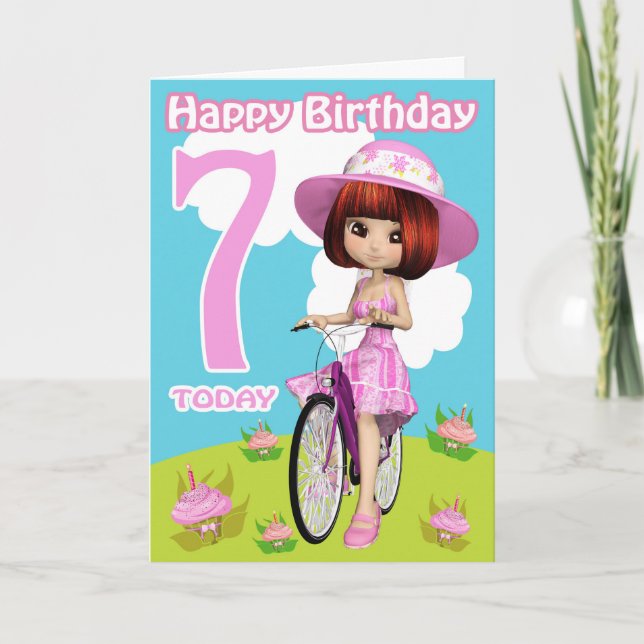 Carte d'anniversaire 7e Jolie petite fille sur un  (Devant)