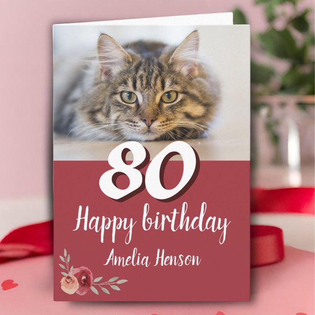 Carte d'anniversaire 80 ans avec photo de chat et  (Créateur téléchargé)