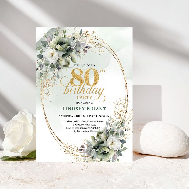 Carte d'anniversaire 80 ans Florale Verte et Blanc (Rustic Green and White Floral 80th Birthday Card)