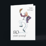 Carte d'anniversaire 80th - Man Dancing!<br><div class="desc">Carte d'anniversaire 80e avec un homme plus âgé dans un blazer rayé dansant et élevant son casquette de bateau! Image d'aquarelle de Judy Adamson. Des tasses et des signets correspondants sont également disponibles.</div>