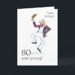 Carte d'anniversaire 80th - Man Dancing!<br><div class="desc">Carte d'anniversaire 80e avec un homme plus âgé dans un blazer rayé dansant et élevant son casquette de bateau! Image d'aquarelle de Judy Adamson. Des tasses et des signets correspondants sont également disponibles.</div>