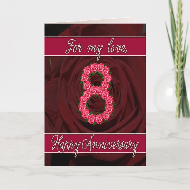 carte d'anniversaire 8 ans avec des roses et des f (Devant)