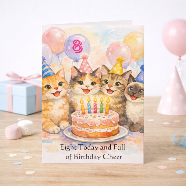 Carte d'anniversaire 8 ans pour filles qui aiment  (8 Birthday card with adorable cats. A fully editable template card )