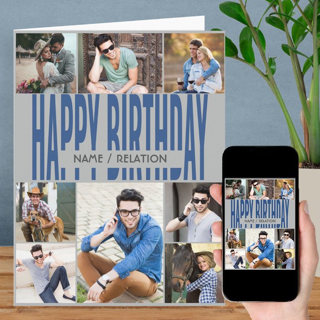 Carte d'anniversaire 8 Photo Collage Bleu Gris Tou (Créateur téléchargé)