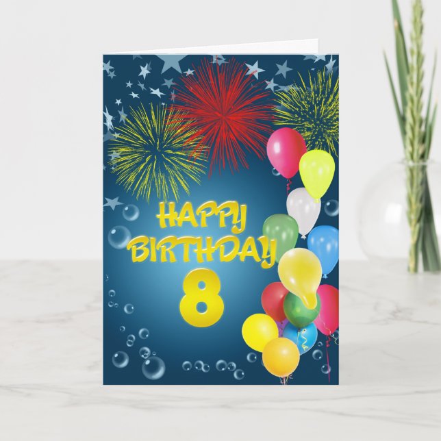 Carte d'anniversaire 8e avec feux d'artifice et ba (Devant)