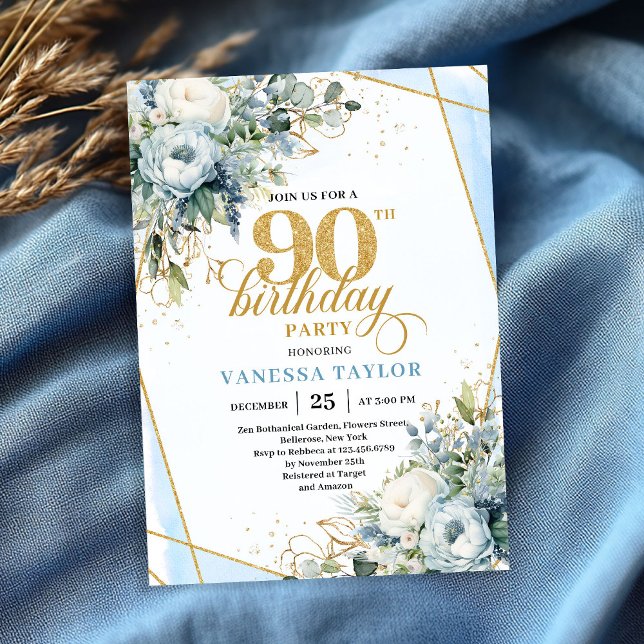 Carte d'anniversaire 90 ans élégante fleurs or ble (Dusty blue gold elegant florals 90th birthday party card)