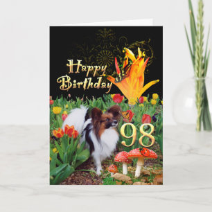 Carte d'anniversaire 98 ans chien papillon tulipes