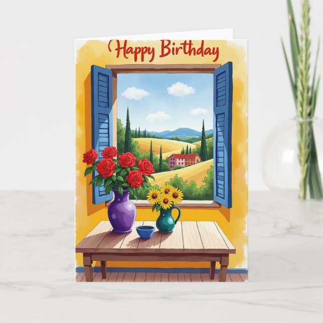 Carte d'anniversaire à la fenêtre joyeuse (Devant)