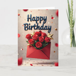 Carte d'anniversaire à la rose rouge festive